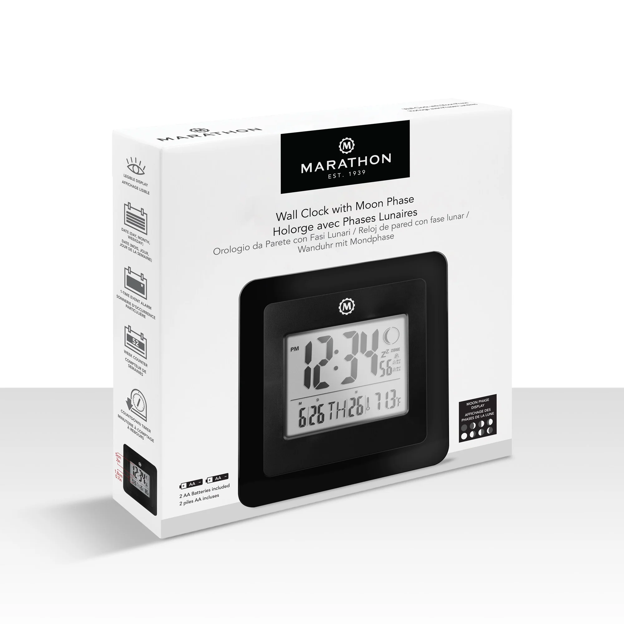Marathon BASICS Digital Wall Clock with Moon Phase - Black - Image 4