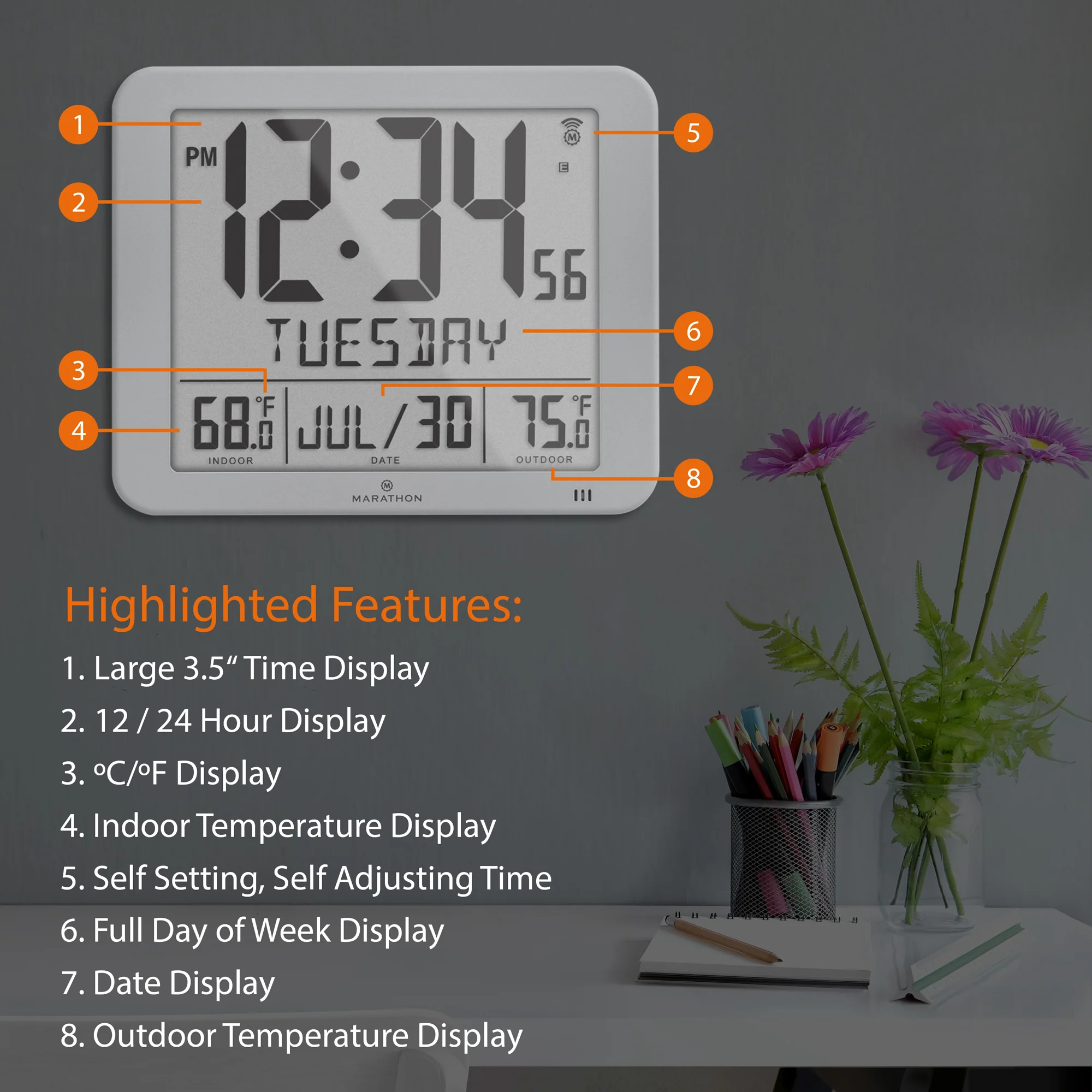 Slim Self-Setting Full Calendar Wall Clock with Indoor/Outdoor Temperature - Image 13