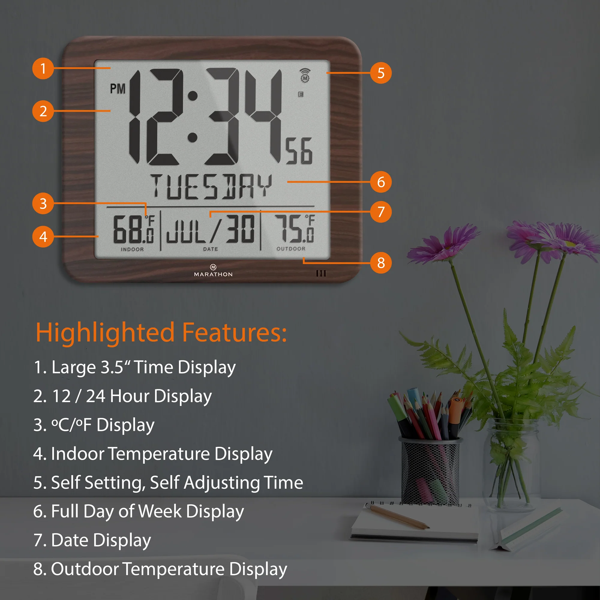 Slim Self-Setting Full Calendar Wall Clock with Indoor/Outdoor Temperature - Image 24